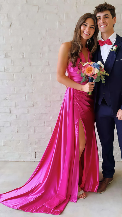 Green Halter V-Neck Ruched Bodycon Prom Dress,Long Slit Evening Gown Y8022