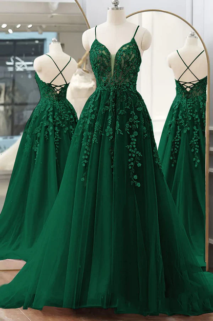 Pretty V Neck Green Lace Floral Long Prom Dresses, A Line Tulle Formal Simplepromdress Pretty V Neck Green Lace Floral Long Prom Dresses, A Line Tulle Formal Simplepromdress