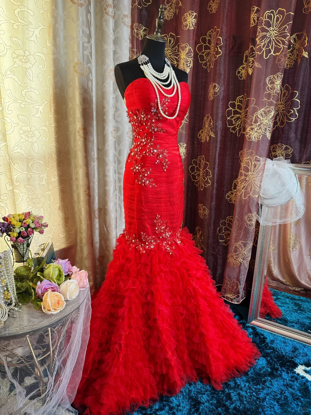 Gorgeous Strapless Satin Tulle Appliques Beaded Prom Dress Red Mermaid Long Evening Dress SP2382