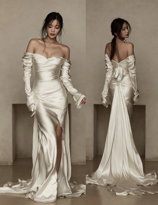 Pretty Ivory Off The Shoulder Mermaid Long Wedding Dress SP963