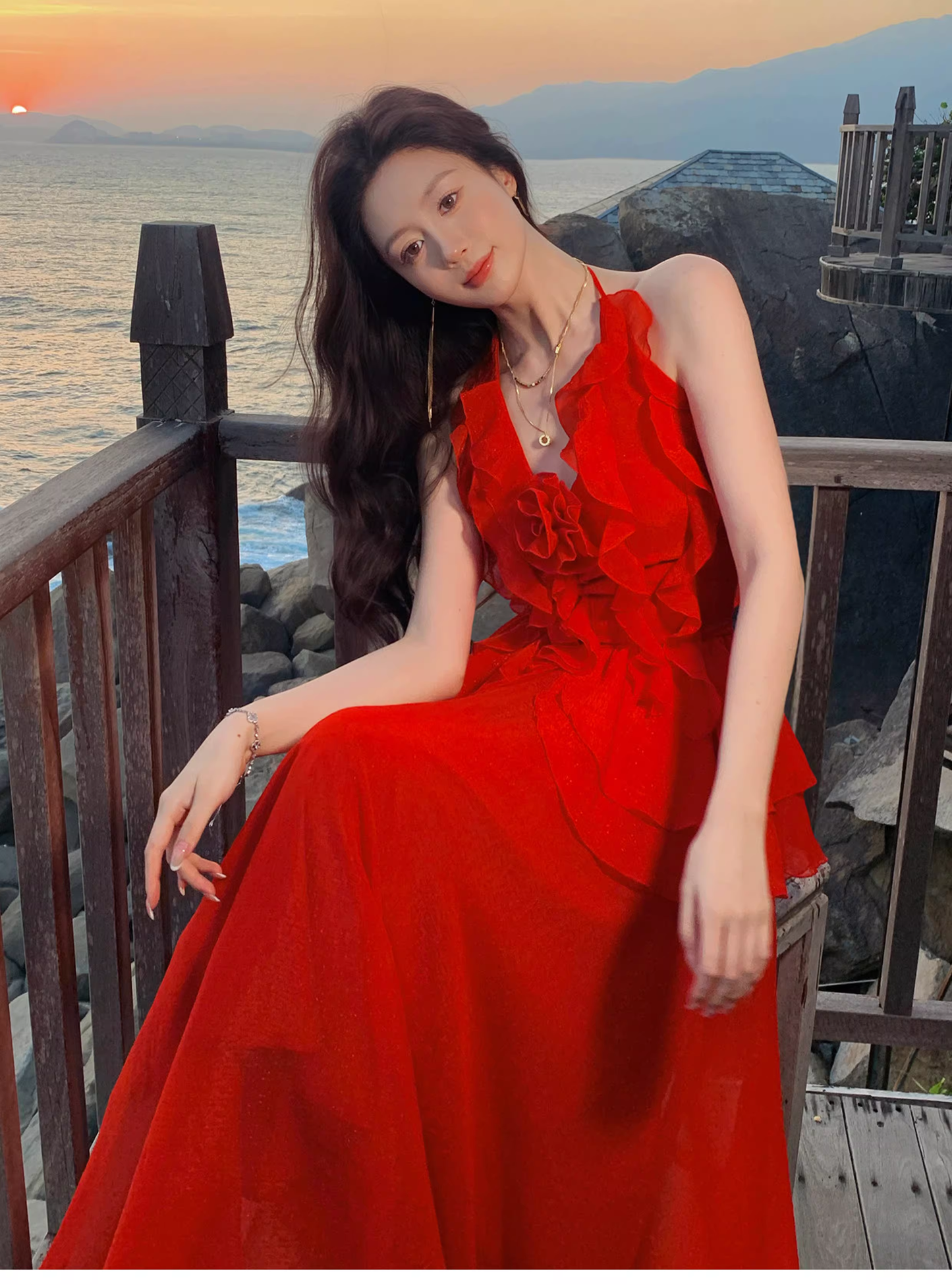 Sexy Red Halter Chiffon Ruffles Long Party Dress Prom Dress SP1973