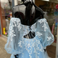 Blue Floral Lace Sweetheart A-Line Prom Dress with Sleeves Y4029