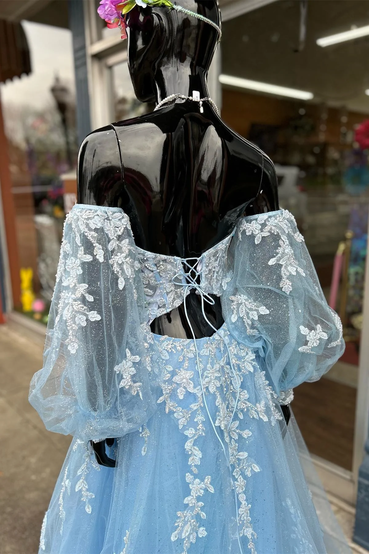 Blue Floral Lace Sweetheart A-Line Prom Dress with Sleeves Y4029