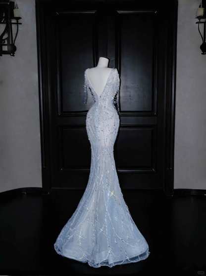 Dream Blue Tulle Beaded Chain V Neck Long Mermaid Prom Dress Evening Dress Y8665