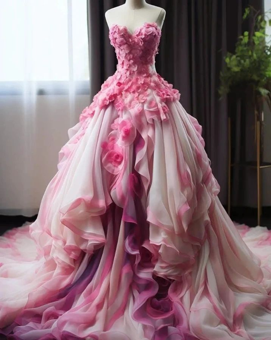 Beautiful Pink Chiffon Appliques Ball Gown Sweetheart Ombre Evening Dress Prom Dress  Y8524