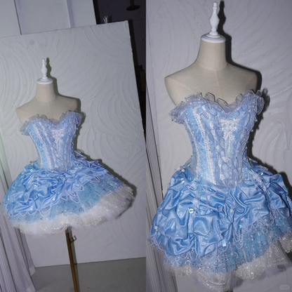 Charming Blue Strapless Satin Lace Sequin A Line Short Homecoming Dress Birthday Dress SP4217