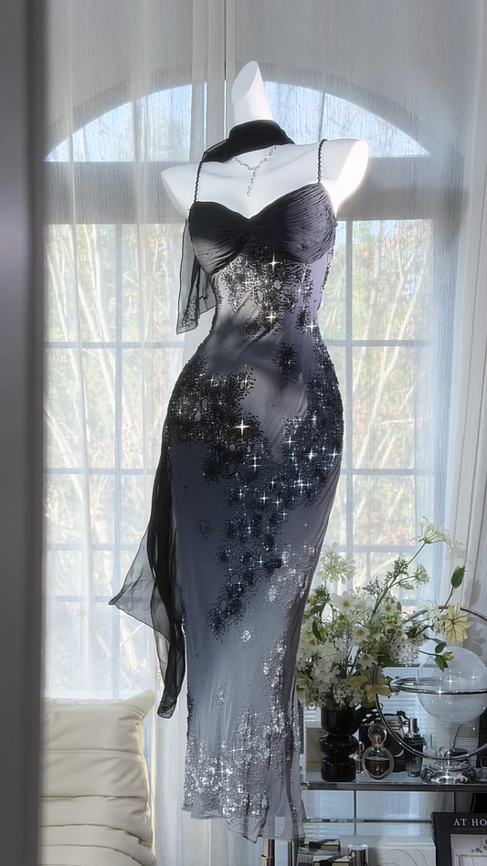 Vintage Spaghetti Straps Black Chiffon Beaded Mermaid Long Evening Dress Birthday Dress With Ribbon SP2190