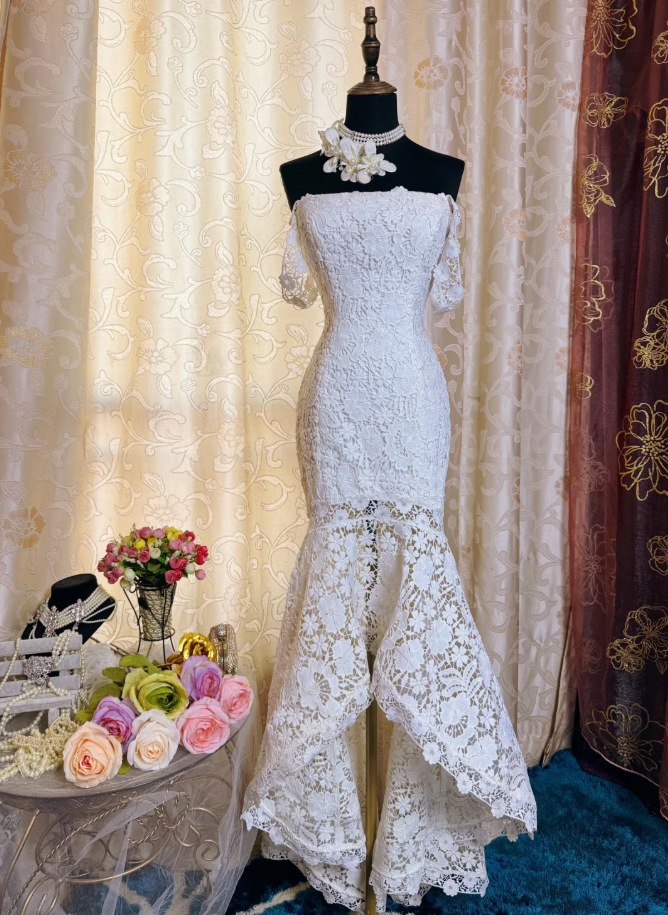 Elegant Spaghetti Straps White Lace Mermaid Long Party Dress Birthday Prom Dress SP1945