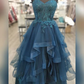 Teal Straps Appliques Multi-Layers Tulle Long Prom Dress Y4914