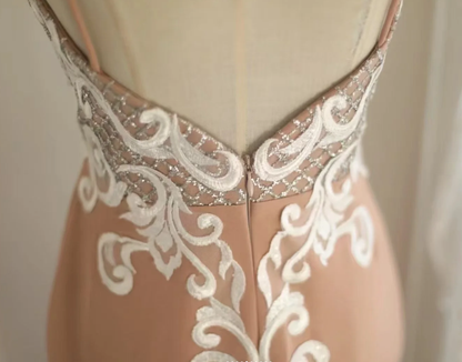 Elegant Spaghetti Straps Satin Lace Appliques Mermaid Wedding Guest Dress Long Evening Dress SP849