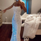 Sparkly Spaghetti Straps Mermaid White Sequin Prom Evening Dress Y8071