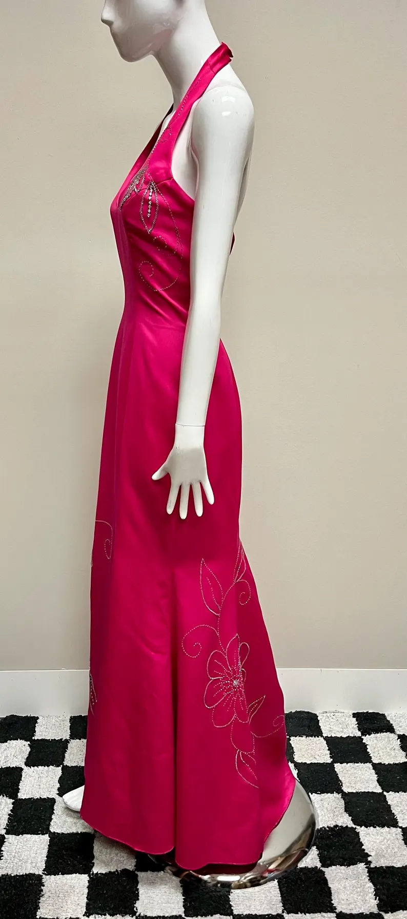Fashion Hot Pink Halter Satin Beaded mermaid Long Evening Dress Formal Birthday Prom Dress SP1360
