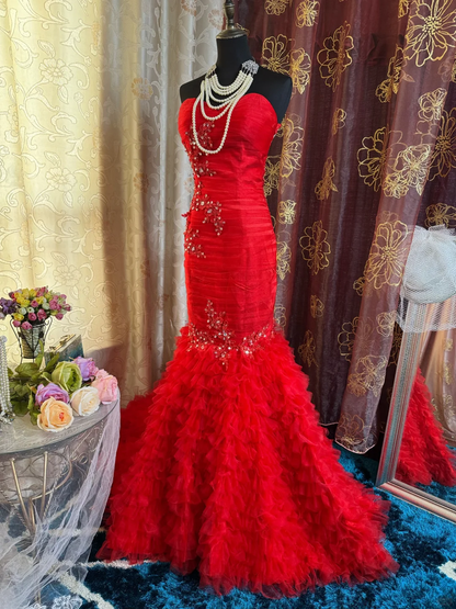 Gorgeous Strapless Satin Tulle Appliques Beaded Prom Dress Red Mermaid Long Evening Dress SP2382