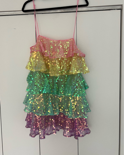 Women Shiny Sequin Sparkle Homecoming Dress Sleeveless Glitter Layered Rainbow Ruffle Dress Party Club Night Dress,Y2475