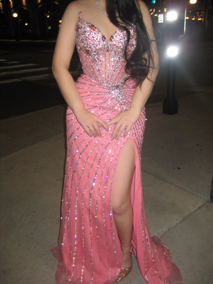 Gorgeous Pink Satin Tulle Sequin Beaded Mermaid Slit Long Party Dress Birthday Dress SP2449