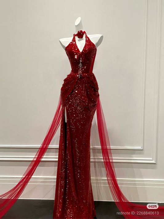 Sparkly Halter Sequin Evening Dress Red Mermaid Slit Party Dress Y8813