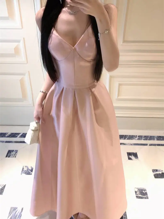 Cute Spaghetti Straps V Neck Satin A Line Long wedding Guest Dress Pink Evening Dress Prom Dress SP2291