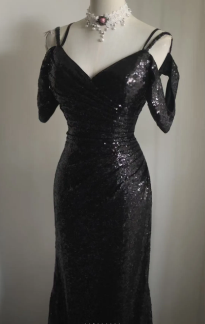 Sparkly Spaghetti Straps Black Sequin Mermaid Long Wedding Guest Dress Evening Gown SP1173