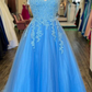 Blue Tulle Appliques Lace-Up Back A-Line Prom Dress Y6584