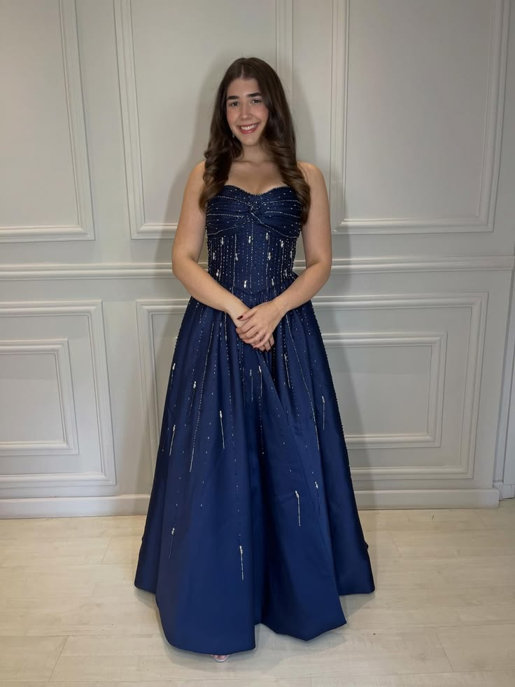Pretty Navy Blue Satin Beaded A Line Long Party Dress Prom Gown SP4144