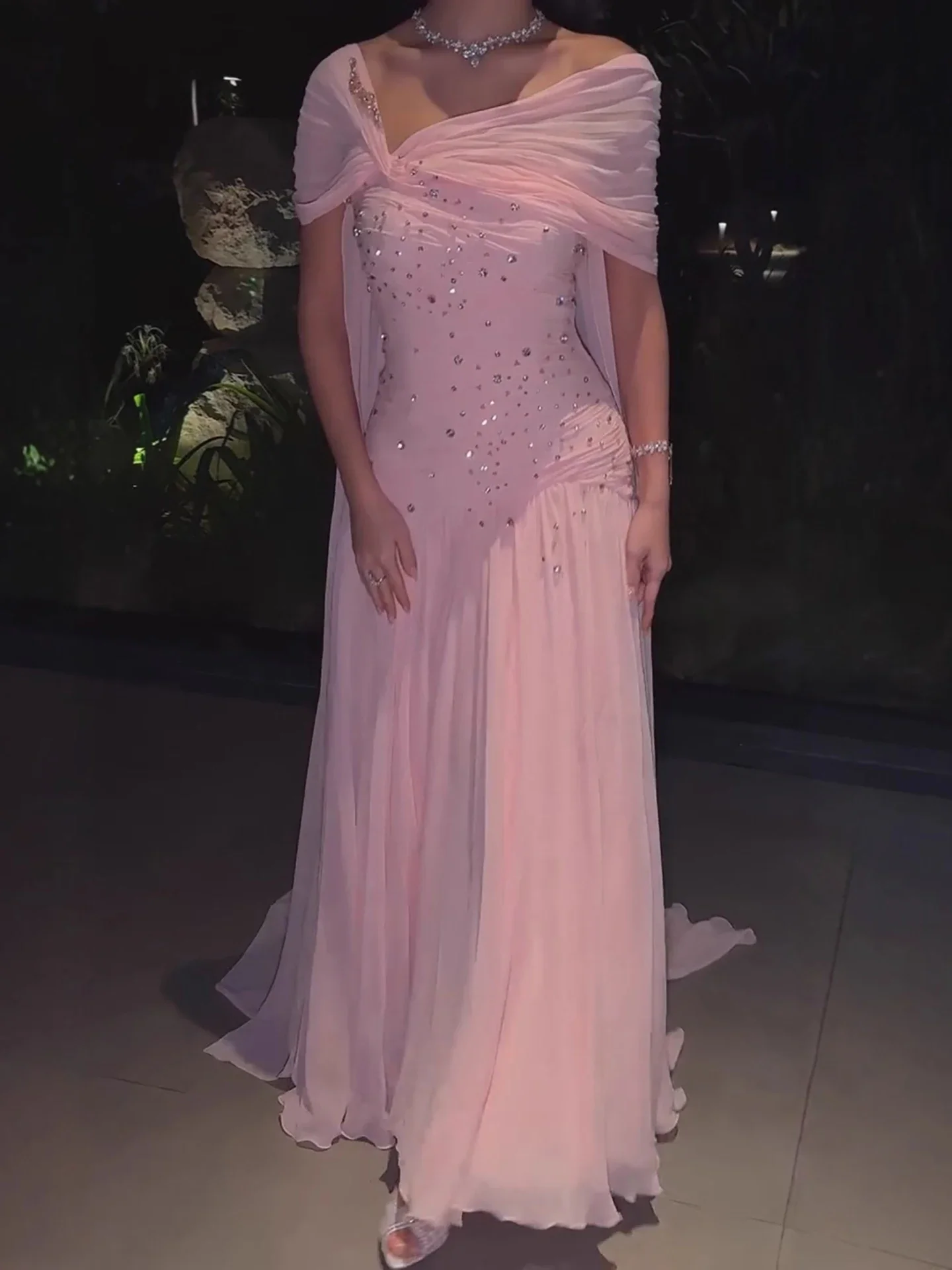 Pretty Pink Chiffon Beaded Mermaid Long Wedding Guest Dress Formal Evening Dress Birthday Dress SP1293