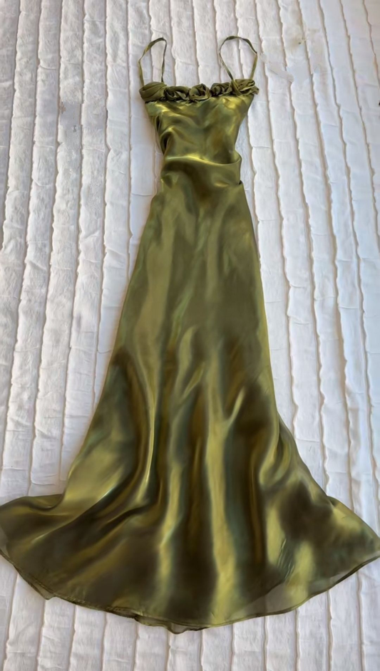 Elegant Spaghetti Straps Olive Green Satin Mermaid Long Party Dress Evening Gown SP1812