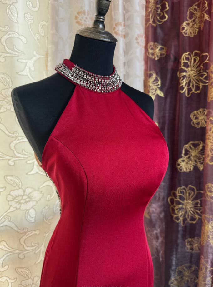 Classy Red Halter Satin Beaded Slit Evening Dress Long Mermaid Prom Gowns SP1617