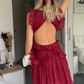 Beautiful Burgundy Chiffon Ruffles Evening Dress Slit Prom Dress Y7715