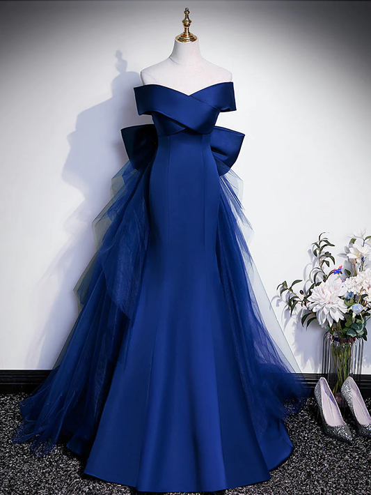Royal Blue Mermaid Satin Long Prom Dress, Off Shoulder Blue Evening Dress Y7429