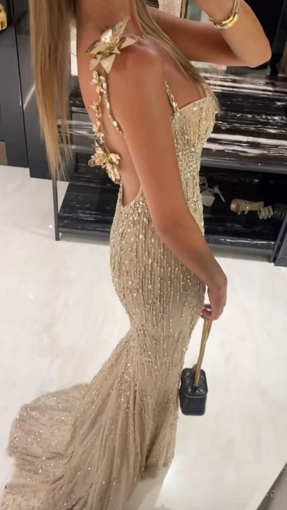 Gorgeous Champagne Spaghetti Straps Sequin Beaded Mermaid Evening Dress Prom Dresses SP795