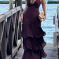 Classy Spaghetti Straps Burgundy Satin Layered Mermaid Evening Dress Long Wedding Guest Dress SP1304