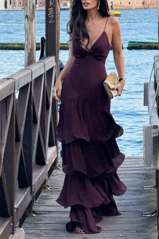 Classy Spaghetti Straps Burgundy Satin Layered Mermaid Evening Dress Long Wedding Guest Dress SP1304