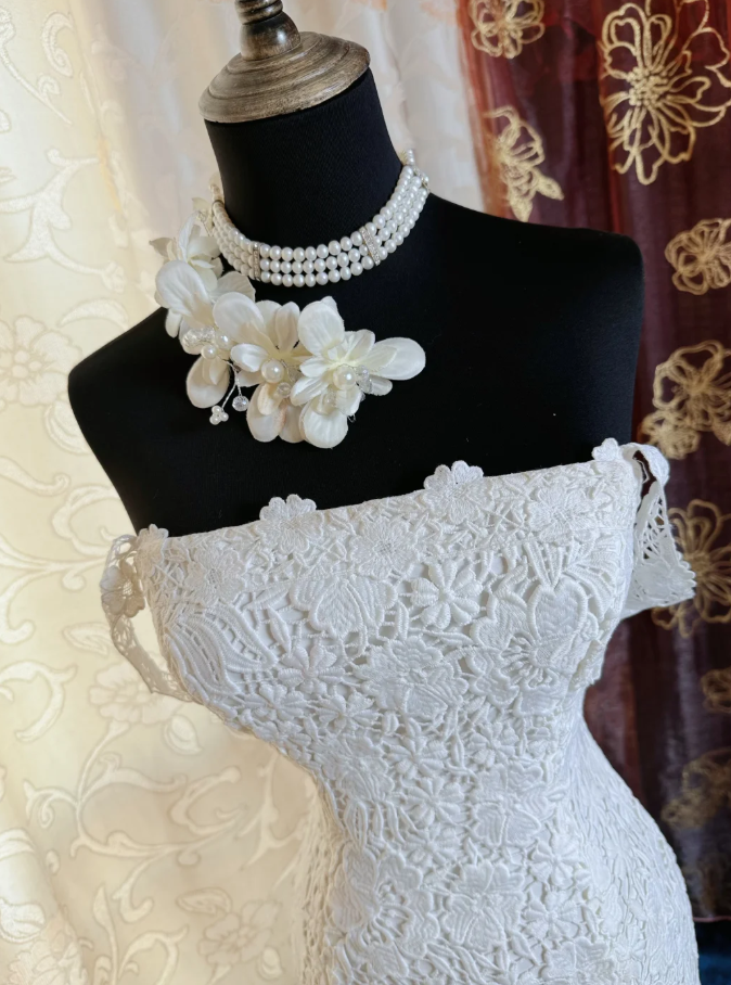 Elegant Spaghetti Straps White Lace Mermaid Long Party Dress Birthday Prom Dress SP1945