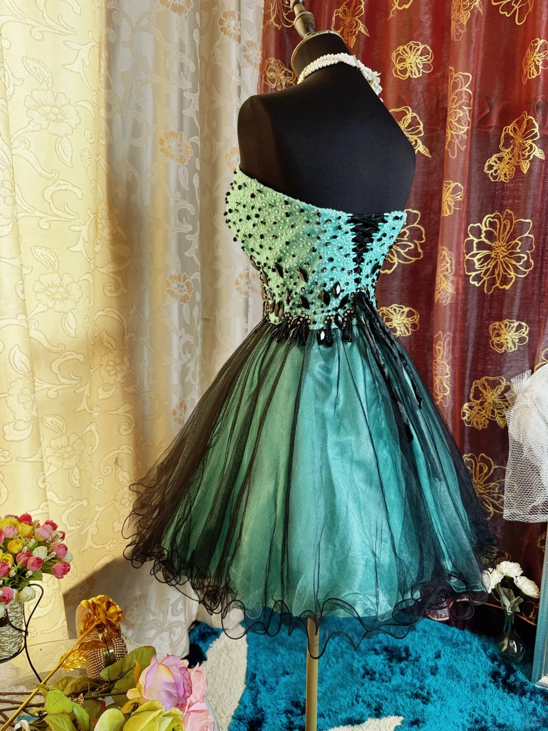 Vintage Viridian Tulle Satin Beaded Mini Cocktail Dress Strapless A Line Short 8th Grade Homecoming Dress SP2383