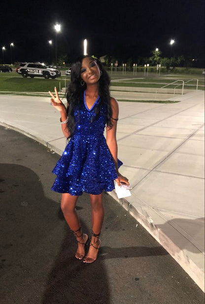 Royal Blue Sequins A-line Graduation Dress,Royal Blue Short Homecoming – Simplepromdress