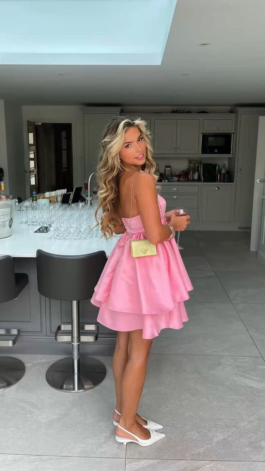 Cute Pink Strapless Short Homecoming Dress,Pink Layered Dress Y1853