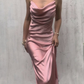 Simple Satin Slit Long Prom Dreess Blue Spaghetti Straps Party Evening Gown Y7570