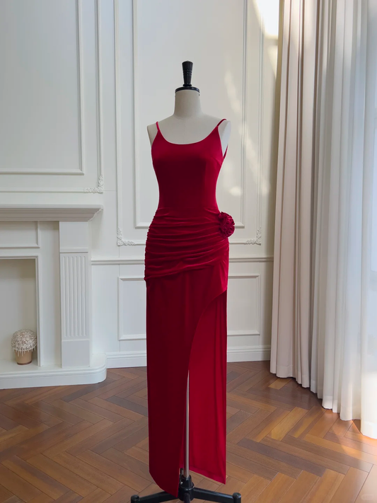 Glamorous Red Spaghetti Straps Sheath Slit Evening Dress,Pleated Prom Dress With Flower Y8588