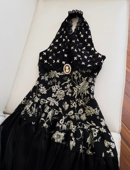 Elegant Black Halter Satin Print Floral Sequins Evening Dress,Long ALine Prom Dress Y8568