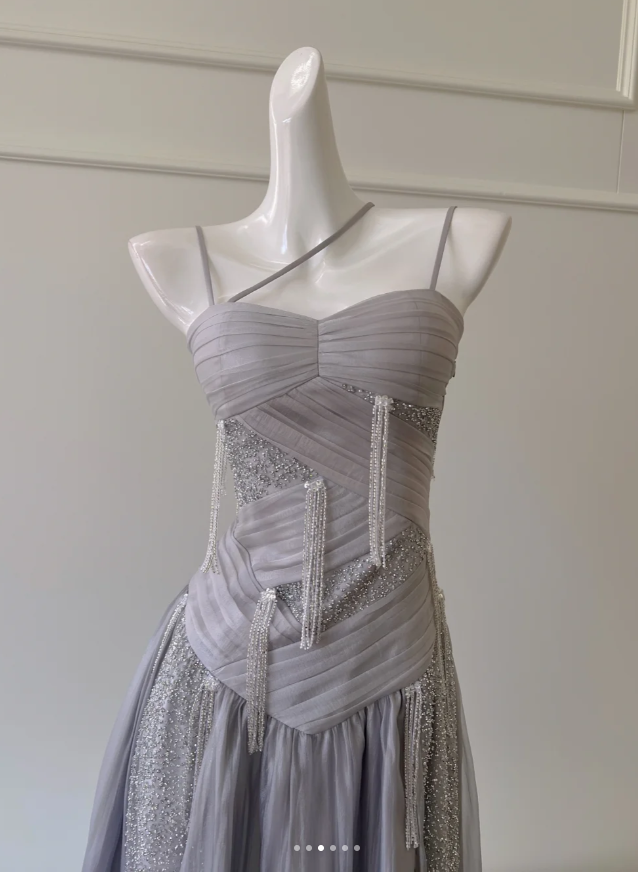 Classy Purple Sequins Tulle Beaded Tassel Prom Dress A Line Evening Dress Y8586