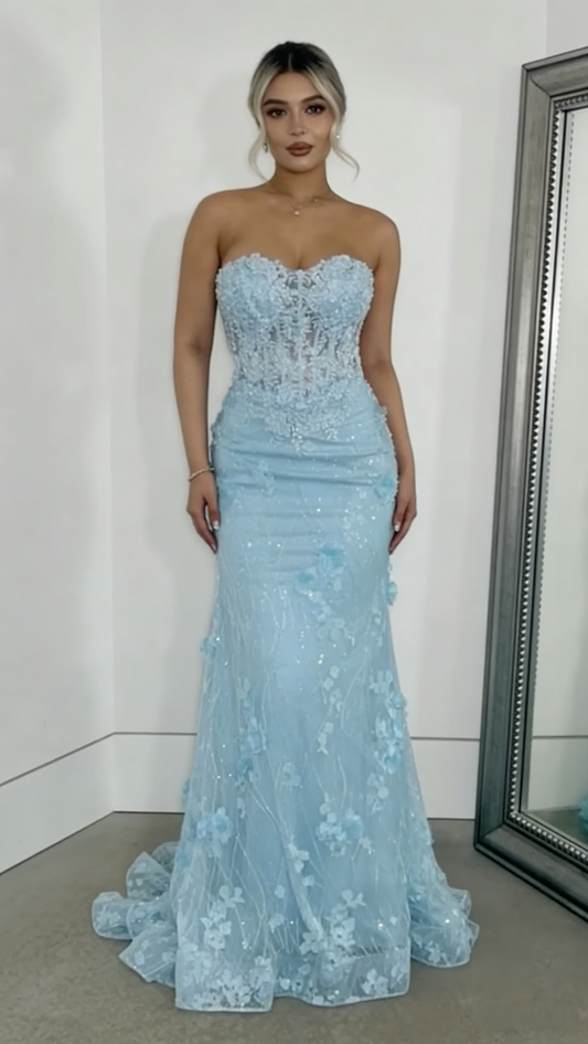 Sparkly Light Blue Mermaid Tulle Appliques Evening Gown Formal Prom Dress Y7871