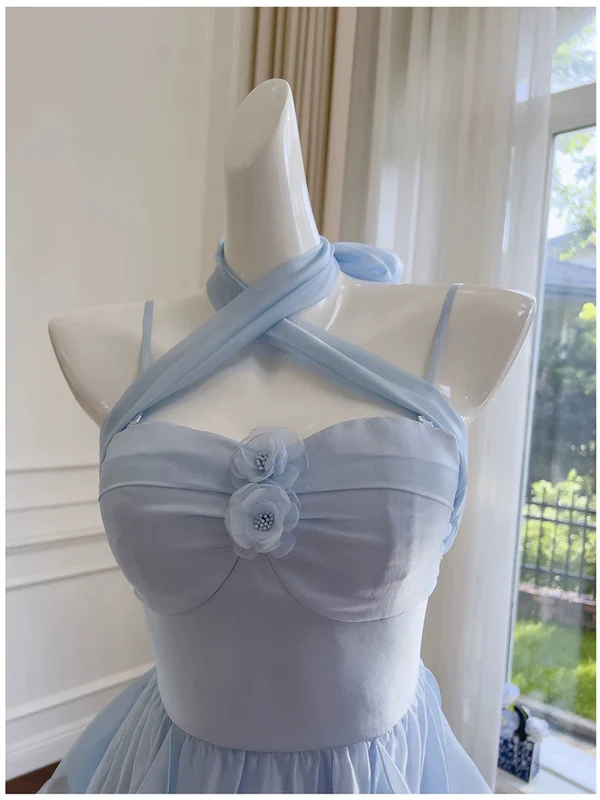 Simple Blue Spaghetti Straps Chiffon Homecoming Dress Party Dress Y8581