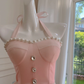 Simple Halter Pink Tulle Pearls Beaded High-Low Ruffles Homecoming Dress Party Dress Y8582