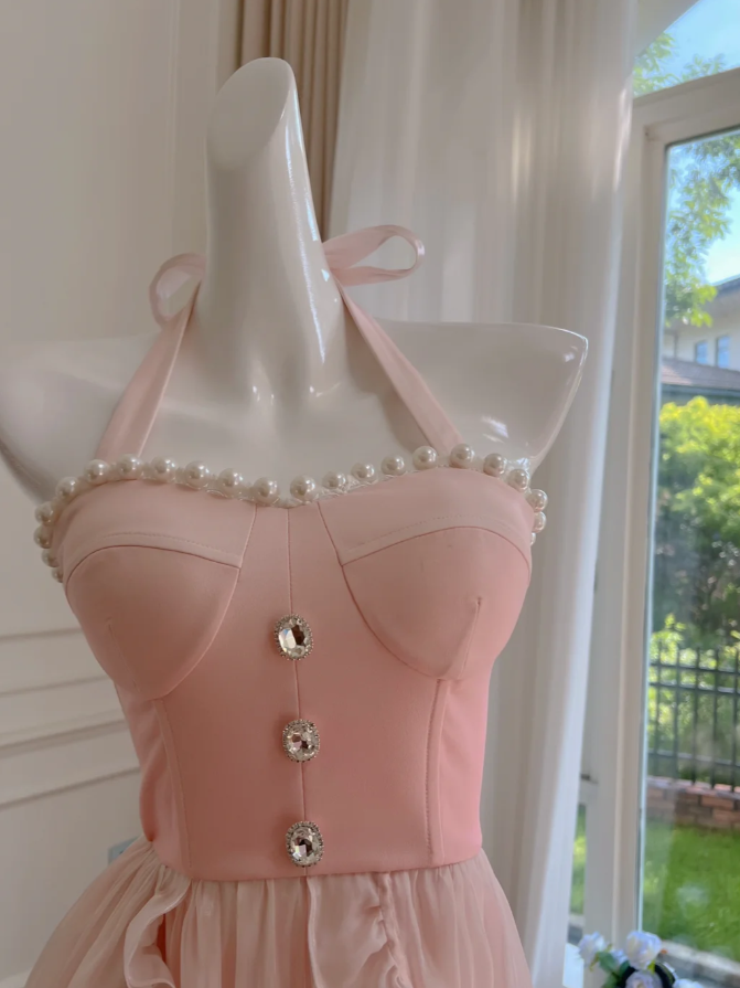 Simple Halter Pink Tulle Pearls Beaded High-Low Ruffles Homecoming Dress Party Dress Y8582