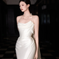Classy White Satin Chiffon Mermaid Prom Dress,Strapless Long Wedding Dress Y8591