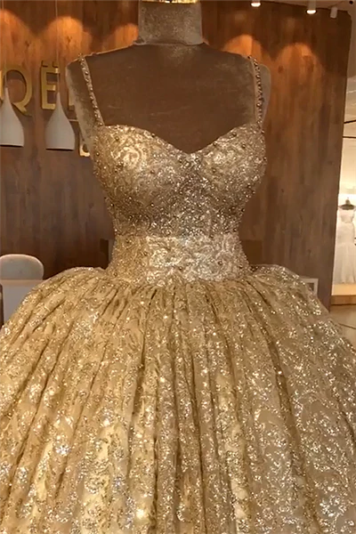 Spaghetti Straps Gold Evening Dress | Luxury Ball Gown Princess Prom D Simplepromdress Spaghetti Straps Gold Evening Dress | Luxury Ball Gown Princess Prom D Simplepromdress