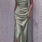 Simple Satin Slit Long Prom Dreess Blue Spaghetti Straps Party Evening Gown Y7570