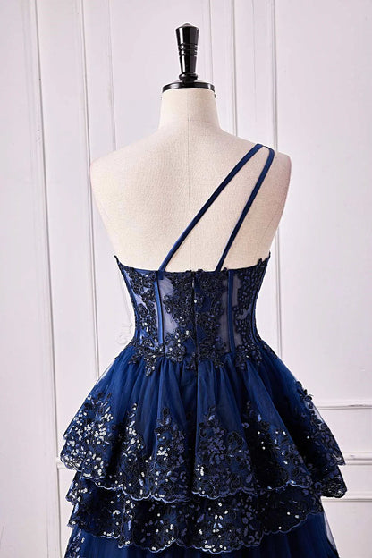 One Shoulder Appliques Ruffle Prom Dress Y6597