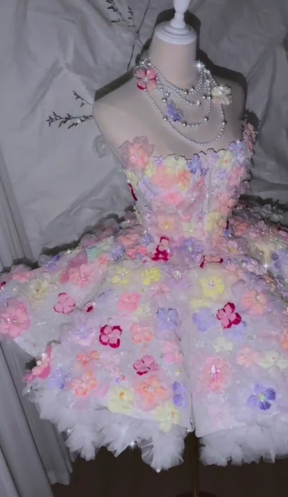 Pretty Strapless Tulle Colorful Floral Short Homecoming Dress Birthday Dress SP4222