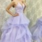 V Neck Backless Fluffy Lilac Long Prom Dress, Backless Lilac Formal Evening Dress Y910